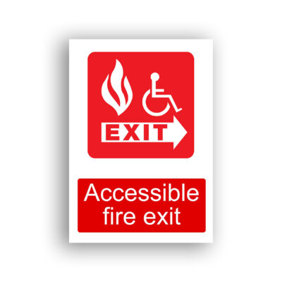Accessible Fire Exit fire equipment sign safety sign with white flame and wheelchair-user pictogram above the word EXIT with a right-pointing arrow, all on a red rounded-square background.