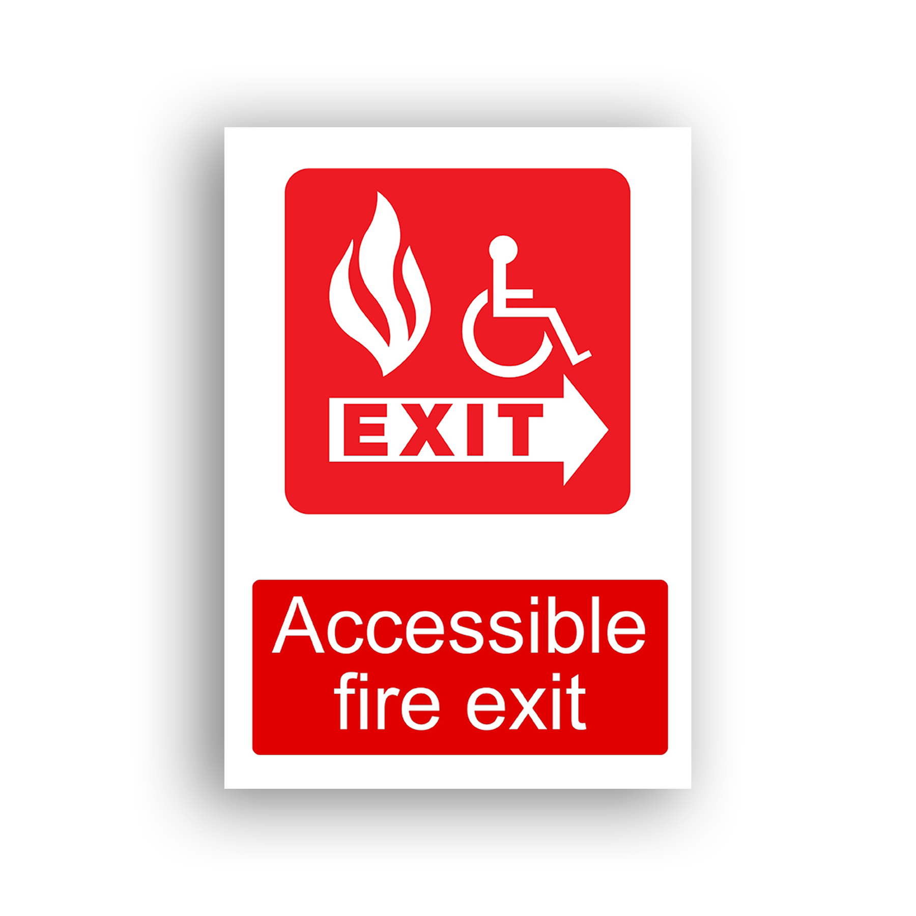 Accessible Fire Exit fire equipment sign safety sign with white flame and wheelchair-user pictogram above the word EXIT with a right-pointing arrow, all on a red rounded-square background.