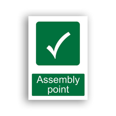 Assembly Point safe condition sign safety sign with a white tick (check mark) centred on a green rounded square.
