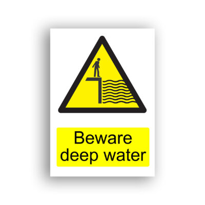 Beware Deep Water warning sign safety sign with a person standing at the edge of a raised platform or quayside with water below, depicted within a yellow and black warning triangle.