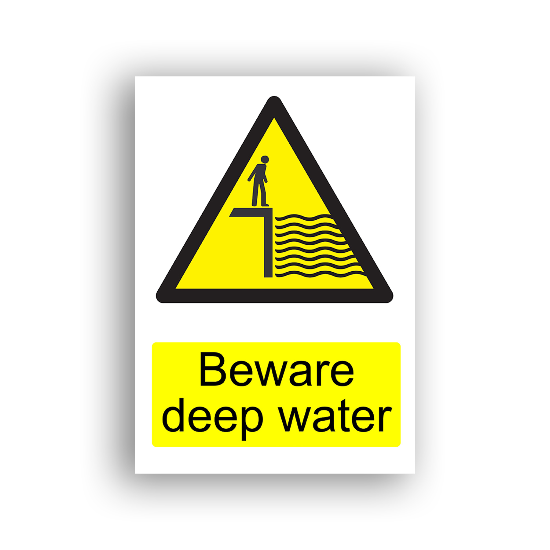 Beware Deep Water warning sign safety sign with a person standing at the edge of a raised platform or quayside with water below, depicted within a yellow and black warning triangle.