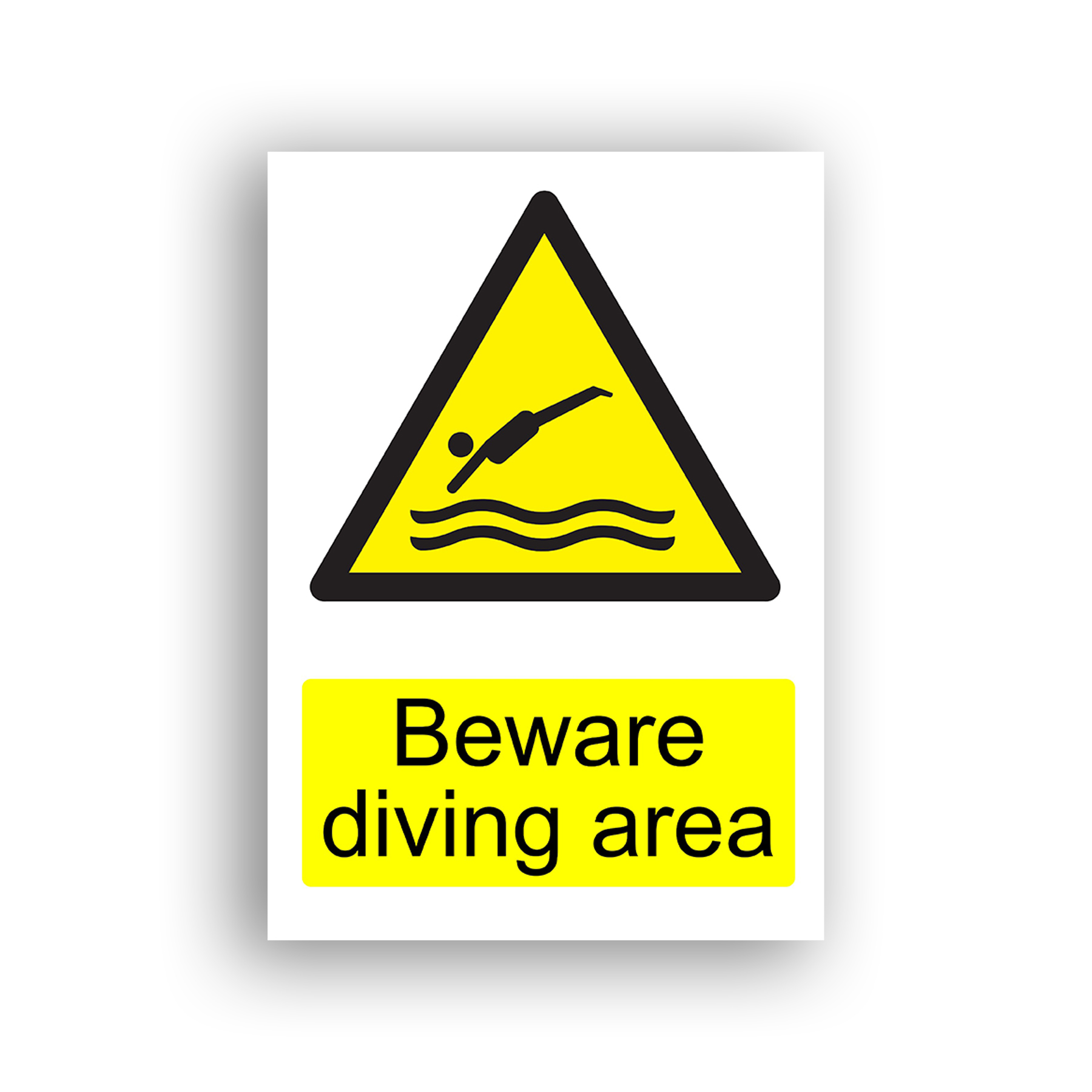 Beware Diving Area warning sign safety sign with a black silhouette of a person diving head-first into water, depicted above wavy lines representing a water surface, enclosed within a yellow triangular warning symbol with a black border.