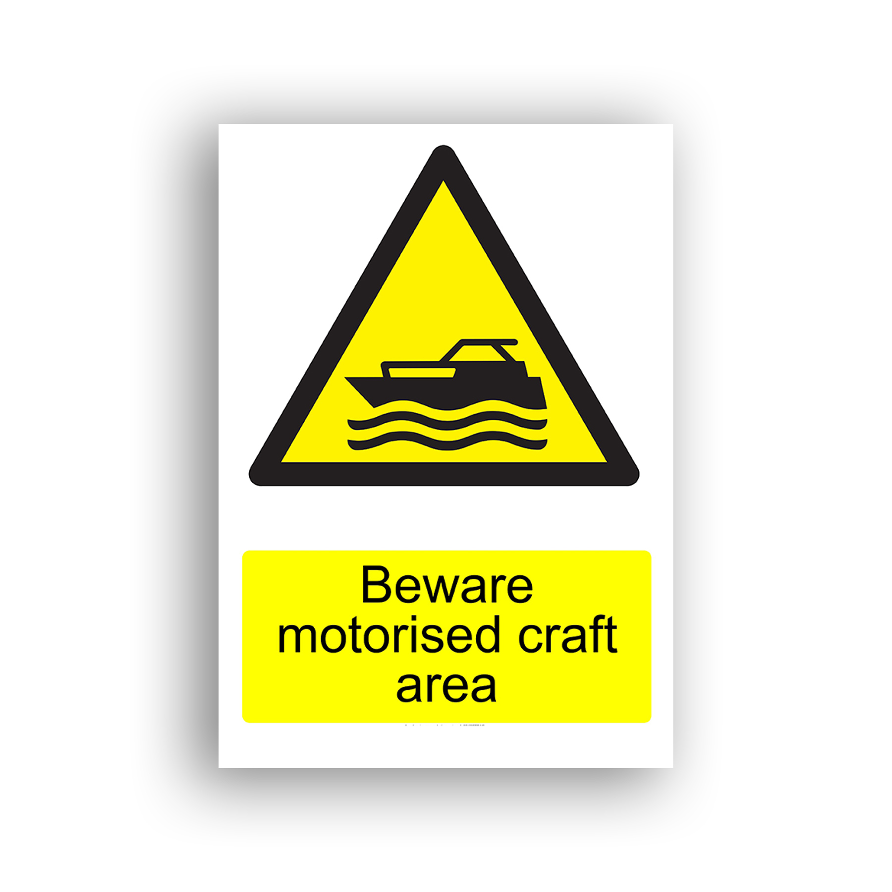 Beware Motorised Craft Area warning sign safety sign with black silhouette of a motorised boat moving across stylised waves, enclosed within a yellow warning triangle with black border.