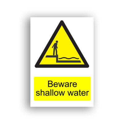 Beware Shallow Water warning sign safety sign with a standing human figure at the edge of a stepped drop leading into shallow water, shown within a yellow and black warning triangle.