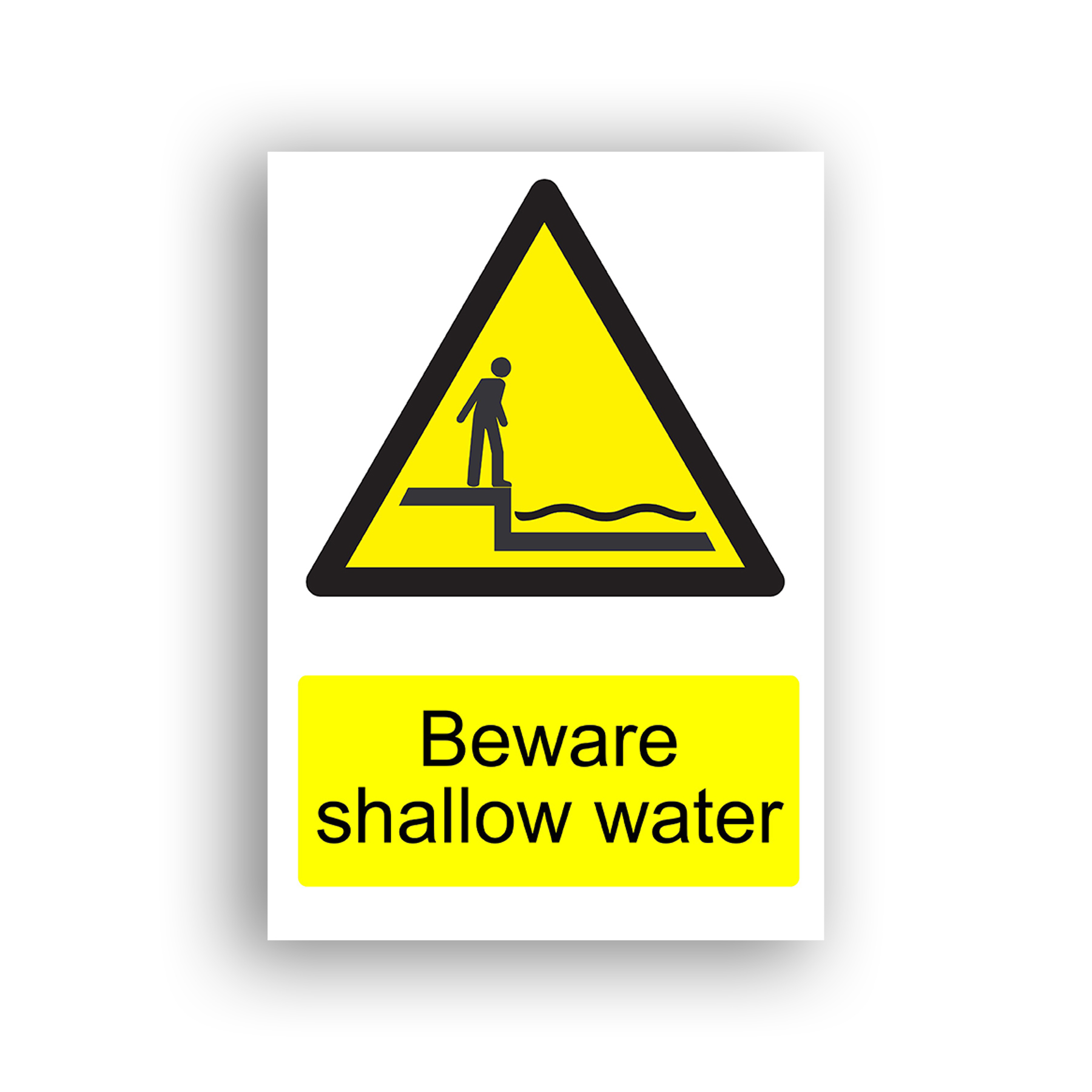 Beware Shallow Water warning sign safety sign with a standing human figure at the edge of a stepped drop leading into shallow water, shown within a yellow and black warning triangle.