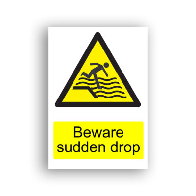 Beware Sudden Drop warning sign safety sign with a stick figure falling forward off the edge of a raised platform or bank into open water, depicted within a yellow warning triangle.