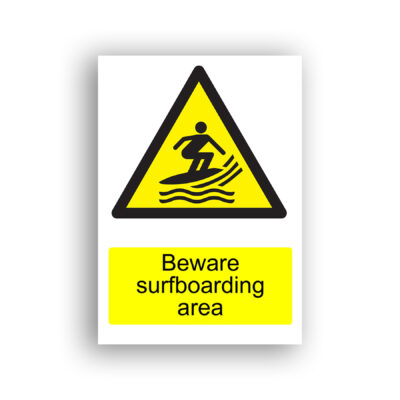 Beware Surfboarding Area warning sign safety sign with black silhouette of a person riding a surfboard on waves, enclosed within a yellow warning triangle with black border.