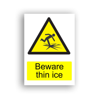 Beware Thin Ice warning sign safety sign with a stick figure slipping and falling through cracking ice, depicted within a yellow and black warning triangle.