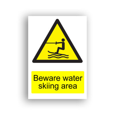 Beware Water Skiing Area warning sign safety sign with black pictogram of a person water skiing on wavy water, being towed by a rope, set within a yellow and black warning triangle.