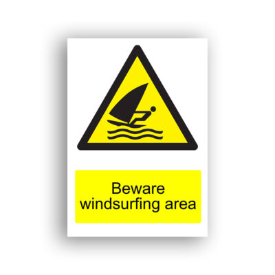 Beware Windsurfing Area warning sign safety sign with black silhouette of a windsurfer on a board with a sail, positioned over stylised waves, within a yellow and black triangular warning symbol.