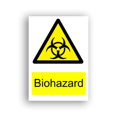 Biohazard warning sign safety sign with black biohazard symbol — three interlocking circular arcs with a central ring — centred within a yellow warning triangle with black border.