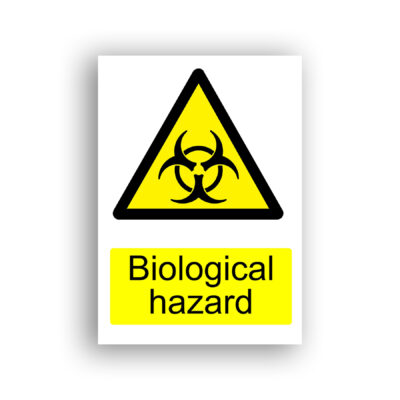 Biological Hazard warning sign safety sign with black biohazard symbol — three interlocking arcs surrounding a central circle — centred within a yellow warning triangle with black border.