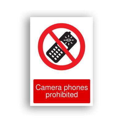Camera Phones Prohibited prohibition sign safety sign with a black pictogram of an open flip mobile phone with a camera lens symbol on its upper half, enclosed within a red prohibition circle with a diagonal red bar across it.