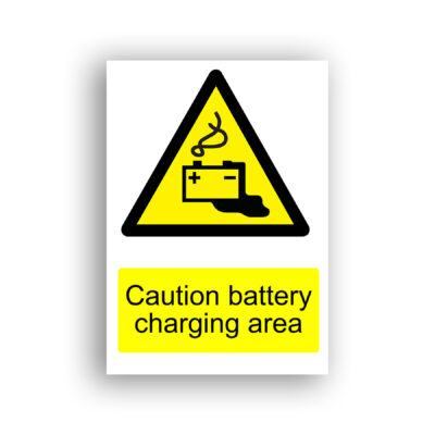Caution Battery Charging Area warning sign safety sign with a black silhouette of a lead-acid battery with positive and negative terminals, emitting a curling gas or fume symbol above it and leaking liquid below, set within a yellow warning triangle with a black border.