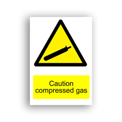 Caution Compressed Gas warning sign safety sign with a black silhouette of a compressed gas cylinder shown at a diagonal angle, positioned within a yellow warning triangle with a black border.