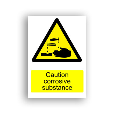 Caution Corrosive Substance warning sign safety sign with two test tubes tilted downward dripping liquid onto a hand and a surface, causing visible damage, set within a black-bordered yellow warning triangle.