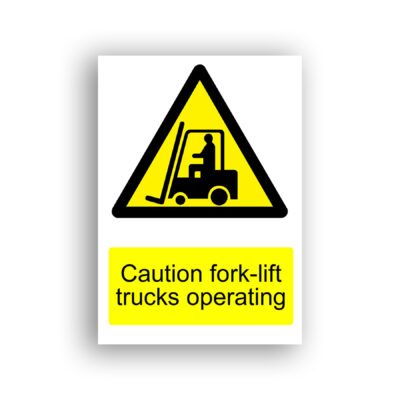 Caution Fork-Lift Trucks Operating warning sign safety sign with black silhouette of a fork-lift truck with raised forks and a seated operator, set within a yellow triangle with black border.