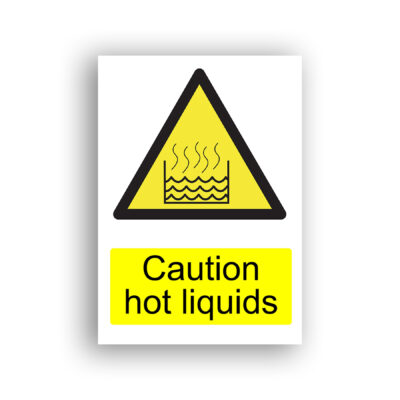 Caution Hot Liquids warning sign safety sign with a container of wavy liquid with steam lines rising above it, enclosed within a black-bordered yellow warning triangle.