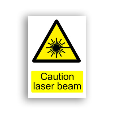 Caution Laser Beam warning sign safety sign with a starburst pattern with radiating lines emanating from a central dot, with a single horizontal beam projecting to the right, set within a black-bordered yellow equilateral warning triangle.