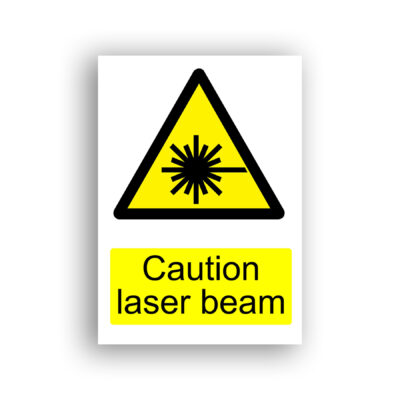 Caution Laser Beam warning sign safety sign with a starburst of radiating lines with a single horizontal arrow piercing the centre, enclosed within a yellow equilateral warning triangle with a black border.