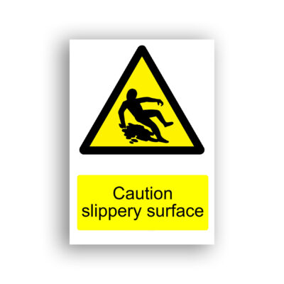 Caution Slippery Surface warning sign safety sign with black silhouette of a person slipping and falling on a wet surface, set within a yellow equilateral warning triangle with a black border.