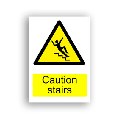 Caution Stairs warning sign safety sign with a human figure losing balance and falling down a flight of stairs, arms raised.