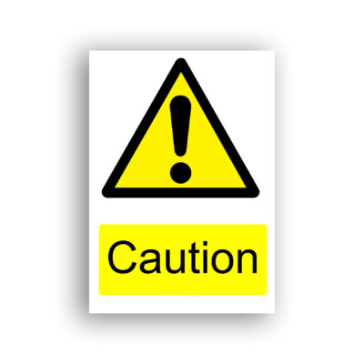 Caution warning sign safety sign with black exclamation mark centred within a yellow equilateral triangle with a black border.