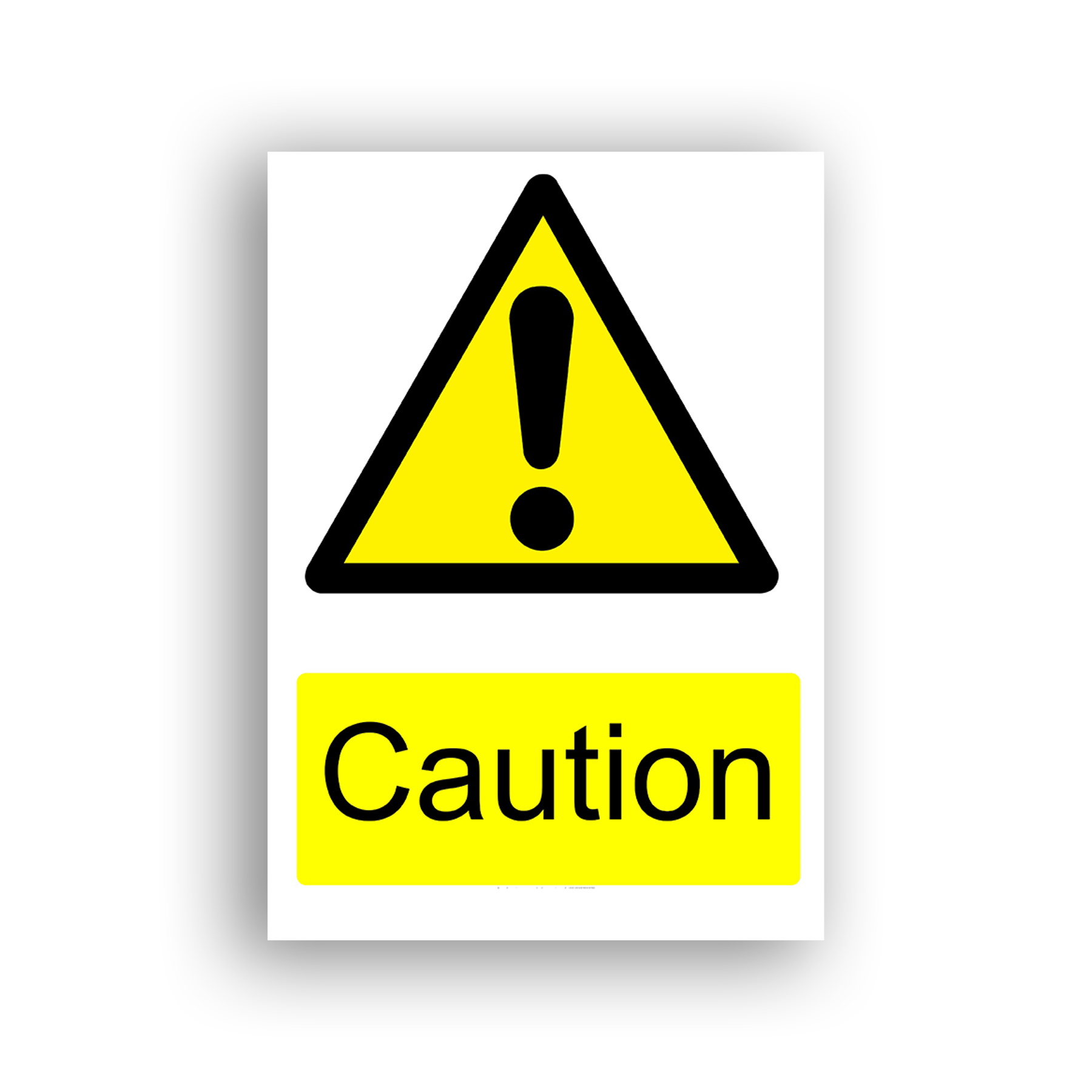 Caution warning sign safety sign with black exclamation mark centred within a yellow equilateral triangle with a black border.