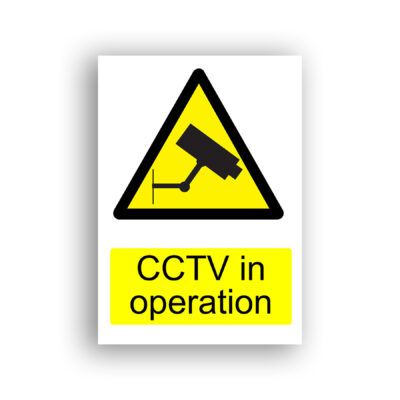 CCTV in Operation warning sign safety sign with a black silhouette of a wall-mounted surveillance camera on a bracket, set within a yellow and black warning triangle.