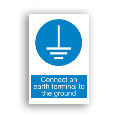 Connect an Earth Terminal to the Ground mandatory sign safety sign with white electrical earth/ground symbol — a vertical line meeting a horizontal bar above two progressively shorter horizontal lines — on a blue mandatory-action circle.
