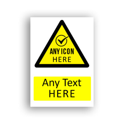 Custom Warning Sign warning sign safety sign with a black checkmark inside a circle, displayed within a yellow and black warning triangle, indicating a customisable pictogram placeholder.