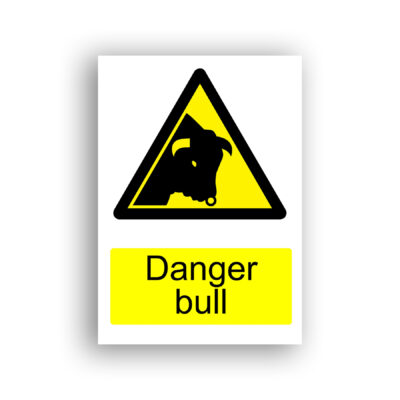 Danger Bull warning sign safety sign with black silhouette of a bull's head facing left with horns raised, set within a yellow triangle with black border.