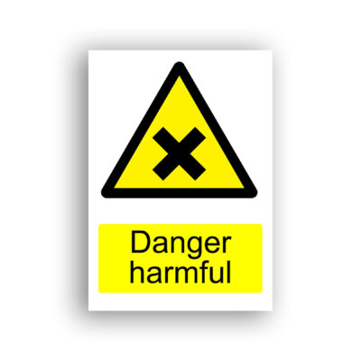 Danger Harmful warning sign safety sign with a black St Andrew's cross (X) centred on a yellow warning triangle with a black border.