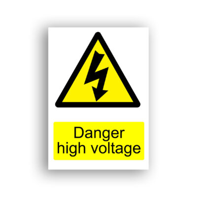 Danger High Voltage warning sign safety sign with a black lightning bolt arrow pointing downward, set within a yellow equilateral warning triangle with a black border.
