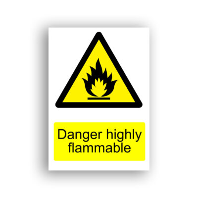 Danger Highly Flammable warning sign safety sign with black flame symbol rising from a horizontal base line, set within a yellow equilateral warning triangle with a black border.