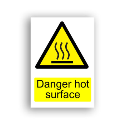 Danger Hot Surface warning sign safety sign with a horizontal bar with three wavy lines rising above it, indicating heat emission from a surface, enclosed within a yellow triangle with a black border.