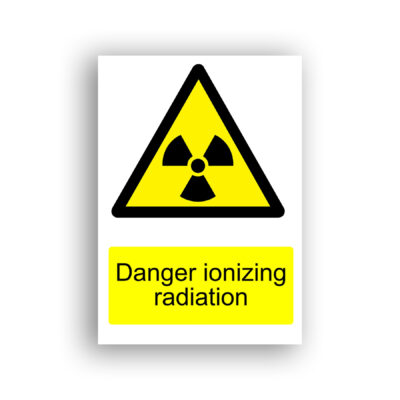 Danger Ionizing Radiation warning sign safety sign with black radiation trefoil symbol centred within a yellow equilateral warning triangle with black border.