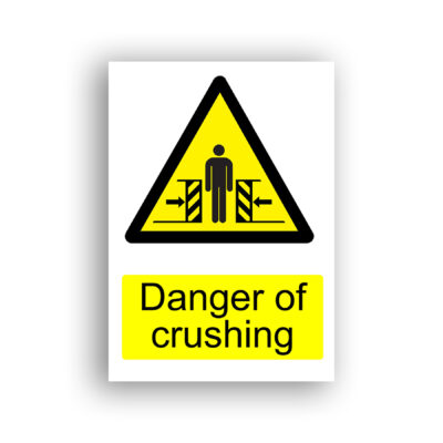Danger of Crushing warning sign safety sign with a human figure standing between two hatched blocks with arrows pointing inward from both sides, enclosed within a black-bordered yellow warning triangle.