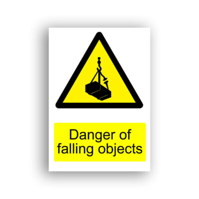 Danger of Falling Objects warning sign safety sign with a suspended load hanging from a crane hook by sling chains, with a figure struck by a falling object beneath it.