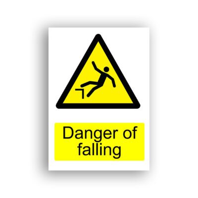 Danger of Falling warning sign safety sign with a black stick figure falling backwards off the edge of a raised platform or step, arms raised, against a yellow warning triangle.