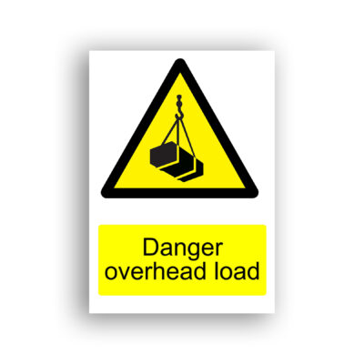 Danger Overhead Load warning sign safety sign with a suspended load hanging from a crane hook by slings, depicted in black silhouette on a yellow warning triangle.