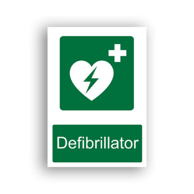 Defibrillator safe condition sign safety sign with a white heart containing a lightning bolt, accompanied by a white medical cross in the upper-right corner, on a green background.
