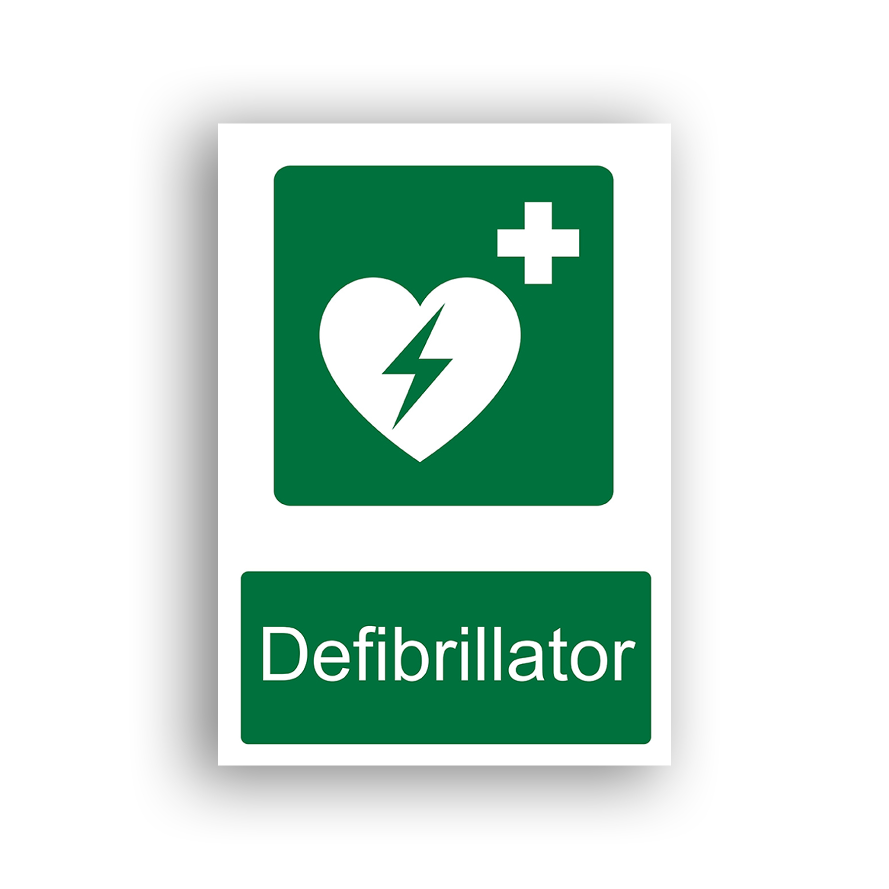 Defibrillator safe condition sign safety sign with a white heart containing a lightning bolt, accompanied by a white medical cross in the upper-right corner, on a green background.