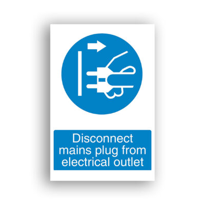 Disconnect Mains Plug From Electrical Outlet mandatory sign safety sign with a white electrical plug being pulled away from a wall socket to the right, indicated by an arrow, on a blue circular background.