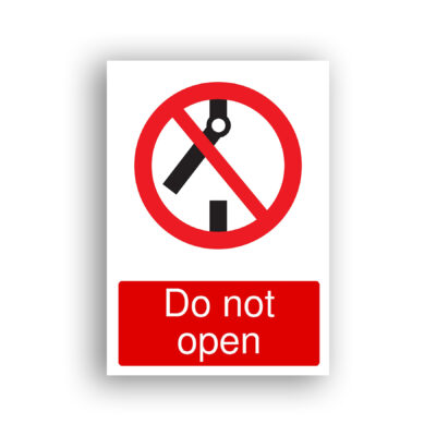 Do Not Open prohibition sign safety sign with a black electrical isolator switch shown in the open (off) position, with a red prohibition circle and diagonal bar overlaid, indicating the action of opening the switch is forbidden.