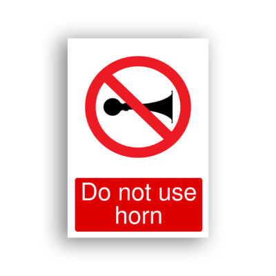 Do Not Use Horn prohibition sign safety sign with a black air horn pictogram inside a red prohibition circle with a diagonal red bar across it.