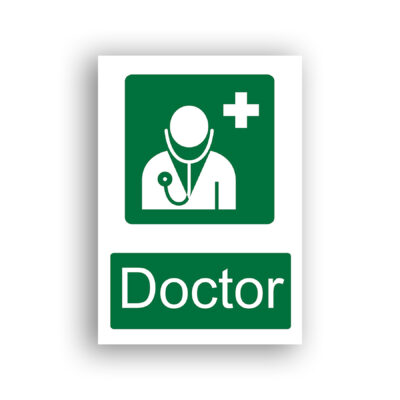 Doctor safe condition sign safety sign with white silhouette of a figure wearing a stethoscope, accompanied by a white medical cross symbol, on a green background.