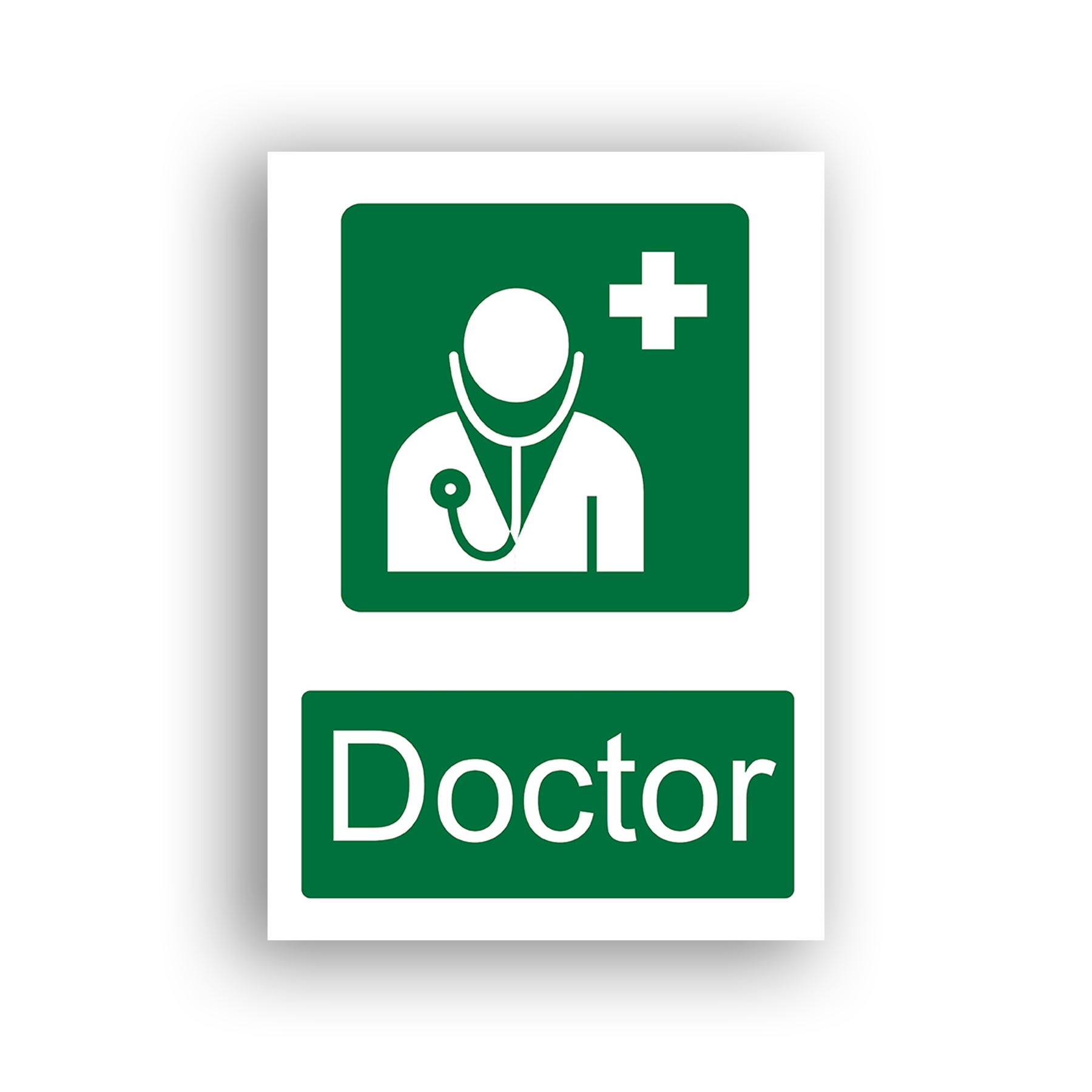 Doctor safe condition sign safety sign with white silhouette of a figure wearing a stethoscope, accompanied by a white medical cross symbol, on a green background.