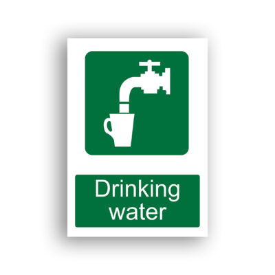 Drinking Water safe condition sign safety sign with a white tap dispensing water into a white mug, on a green background.