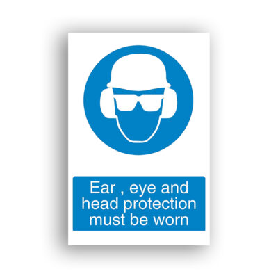Ear, Eye and Head Protection Must Be Worn mandatory sign safety sign with white pictogram of a face wearing a hard hat, safety goggles and ear defenders on a blue circular background.